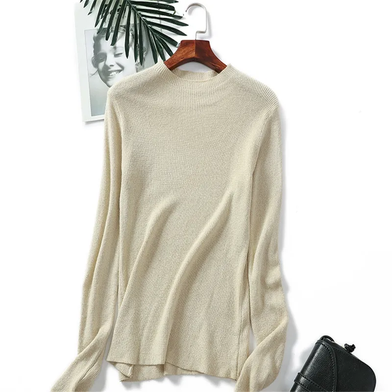 Knitted Women Sweater Solid Pullover Sexy Gold Silver New Round Neck Long Sleeve Autumn Winter Female Casual | Женская одежда