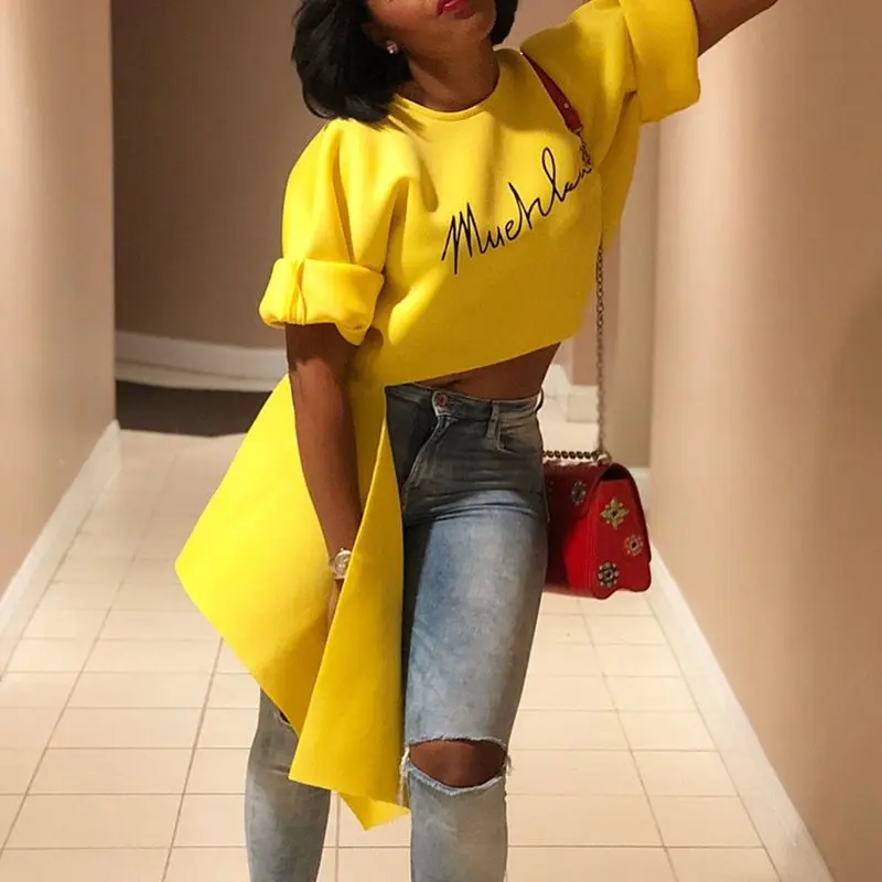 Асимметричные уличные Женские топы с буквенным принтом повседневные свободные