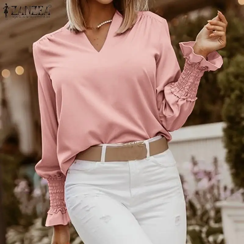 

ZANZEA Autumn Long Lantern Sleeve Shirt Women Fashion V Neck Solid OL Blouse Casual Ruffles Work Blusas Female Tunic Tops Mujer