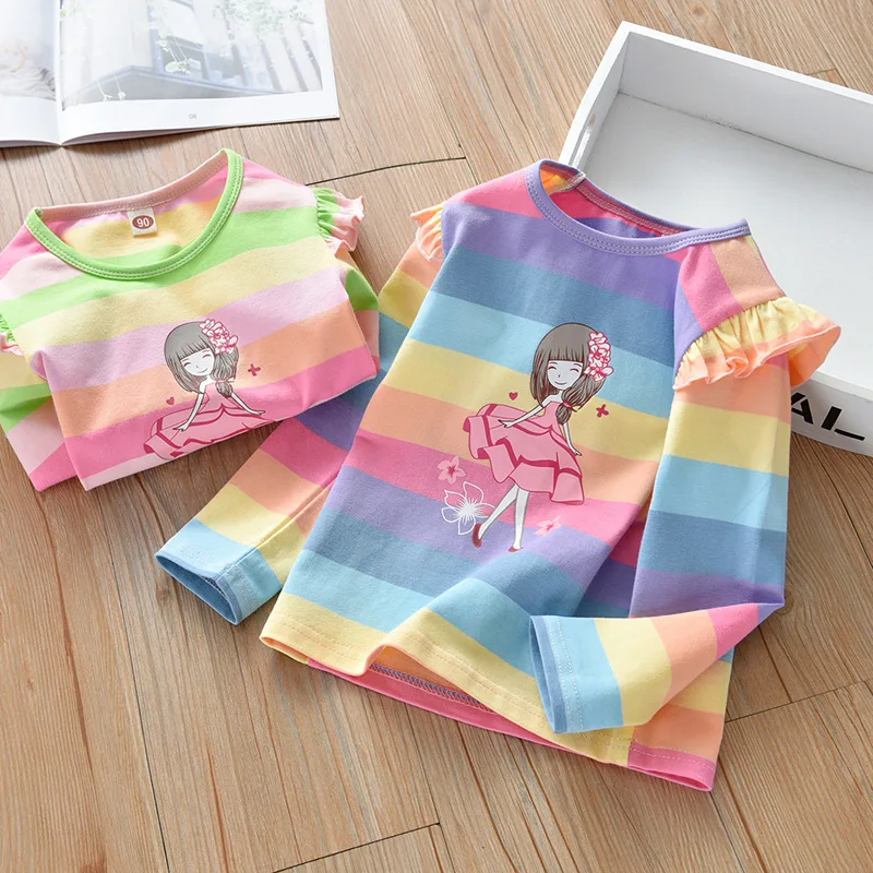 

Girls Rainbow Printed Autumn T-Shirt Kids Long Sleeve Ruffle Collar Top Clothes for Children Girl