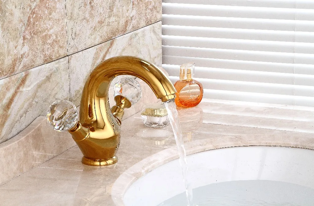 Free ship gold Finish double crystal handles classic style bathroom lavatory washbasin sink faucet mixer tap Single Hole