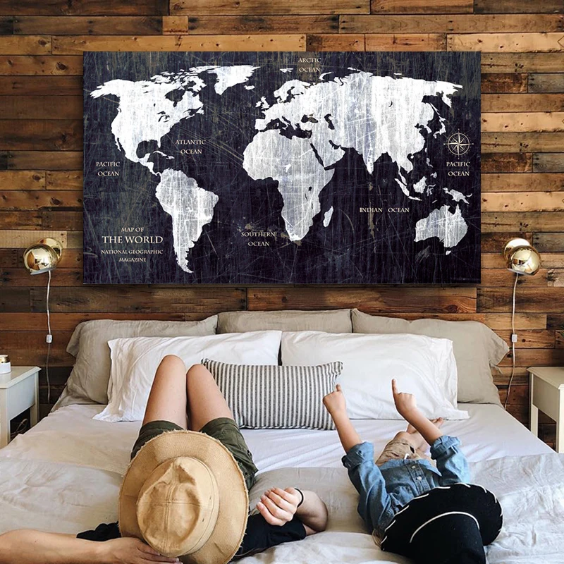 Vintage HD WORLD MAP Canvas Painting Printing Poster Wall Pictures For Living Room Black Map Decorative Art Home decor