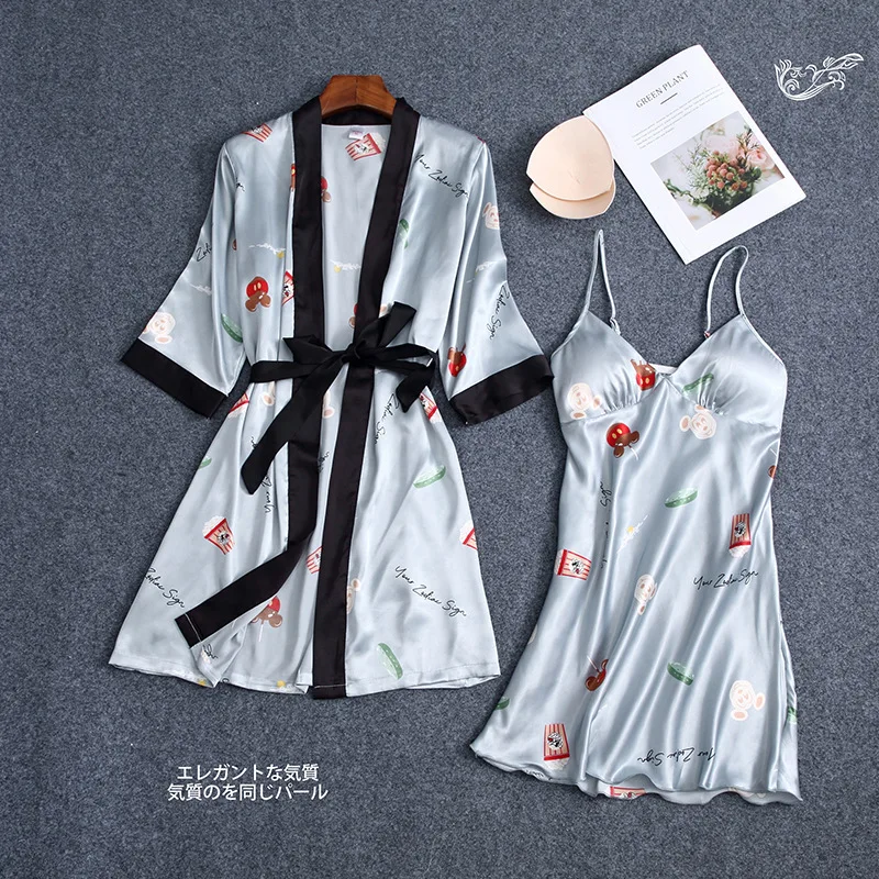 

Kimono Bathrobe Gown Satin 2PCS Sleepwear Nightdress Sexy Women Print Nighty&Robe Suit Nightwear Silky Home Clothes Homewear