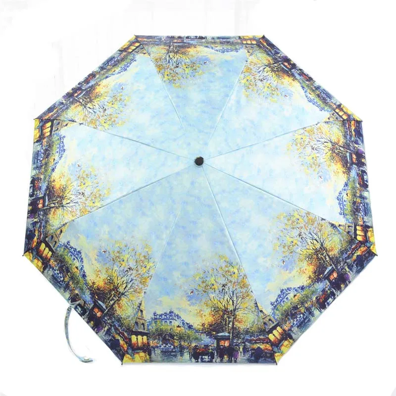 

Oil Painting Umbrella Automatic Windproof Three-folding Umbrella Rain Pongee Paraguas Umbrella Female Parasol