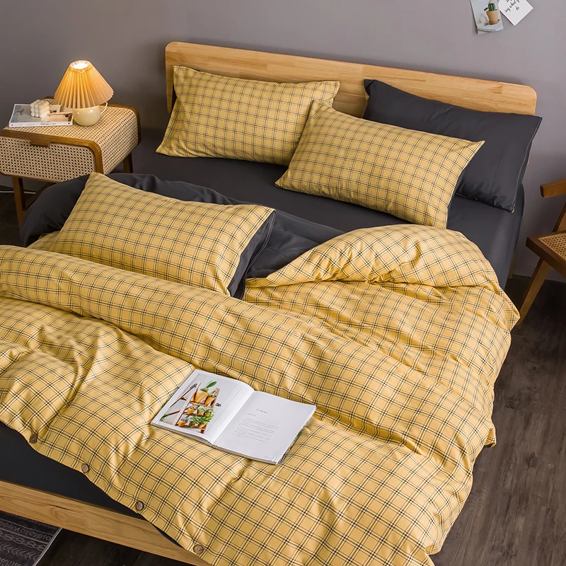 

yellow plaid bedding set button decorate duvet cover japan style bed linen pillowcase bed sheets set single queen king size