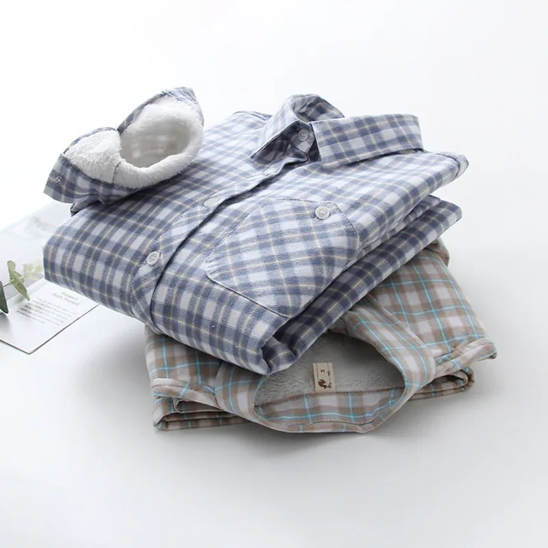 

Plaid Shirts for Women New Casual Long-sleeved Thick Thermal Clothes Shirt Outwear Warm Blouse Winter Plus Velvet Cotton Shirts