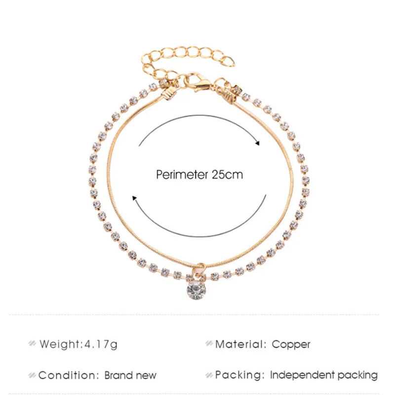 Женский браслет на ногу с кристаллами двухслойный цепочке босоножки