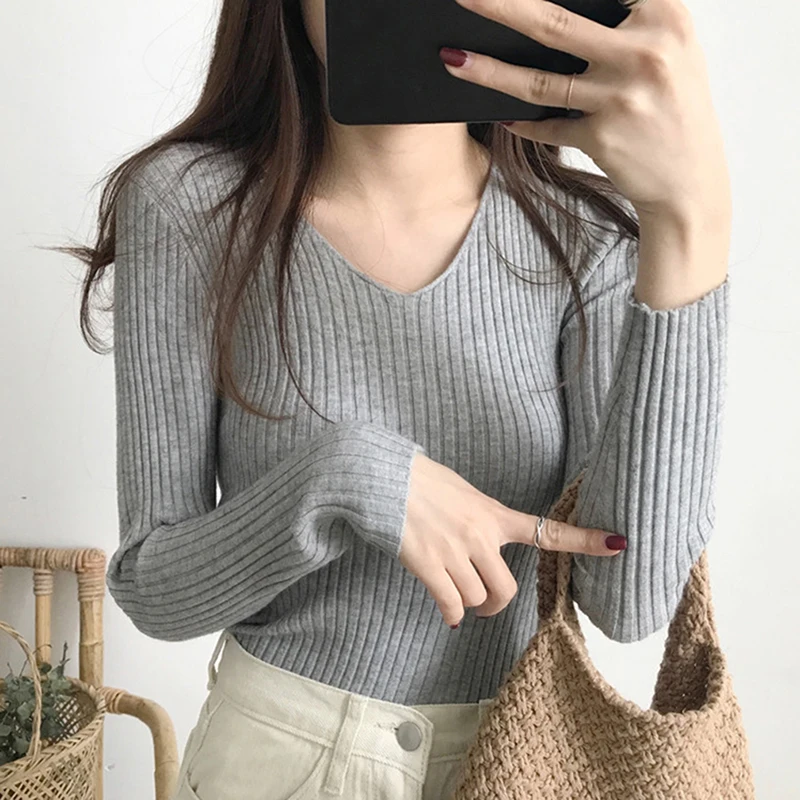 

Women V-neck Solid Sweater Fashion 2019 Women Basic Sweater And Pullovers Female Knitted Sweater Ladies Long Sleeve Pullover Top