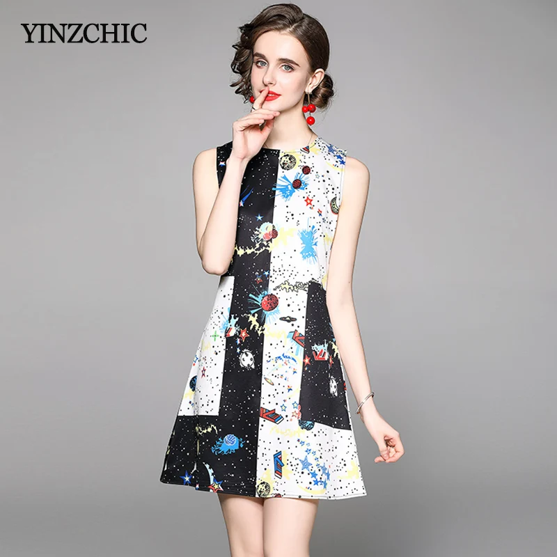 

Summer Woman Short Dress O-neck Casual Mini Slim Skirts Stars Printed Vest Dress for Woman Party Vestidos Femme