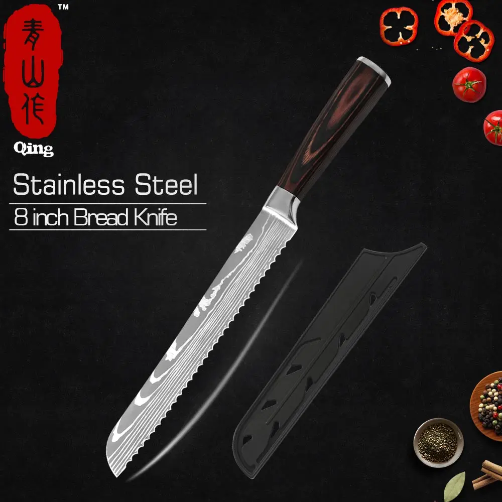 Цин 8 дюймов нож для хлеба Лазерная Дамаск узор кухонный из нержавеющей стали с
