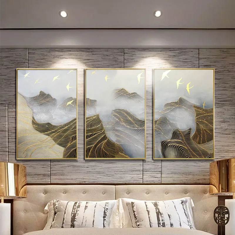 

Gold Line Abstract Canvas Painting Mountain Wall Art Picture For Living Room Home decoration Three Pieces