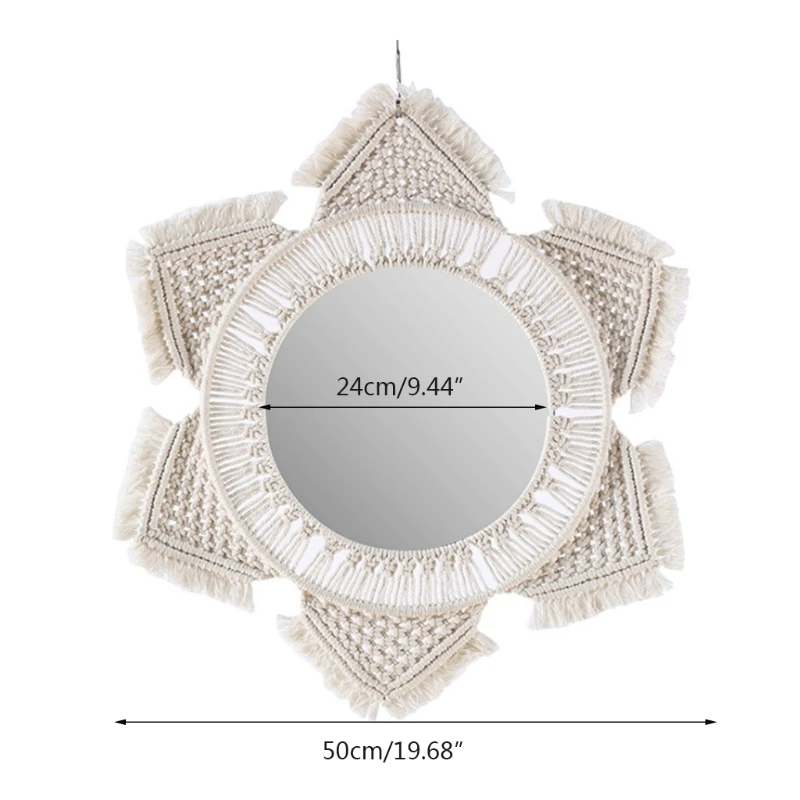 

Macrame Fringe Woven Wall Mirror Boho Hanging Round Mirror Art Decor Wall Makeup Mirrors for Apartment Living Room