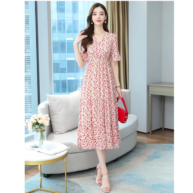 

Summer 2021 Chiffon Floral Dress Vintage Women's New Slimming V-neck Ruffled Elegant Temperament High Waist Female Casual Dress
