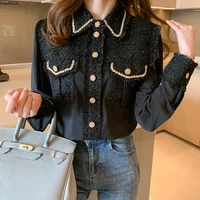 houthion new silk womens blouses fashion shirtsummer buttons office long sleeve top lady regular loose solid silk blouse