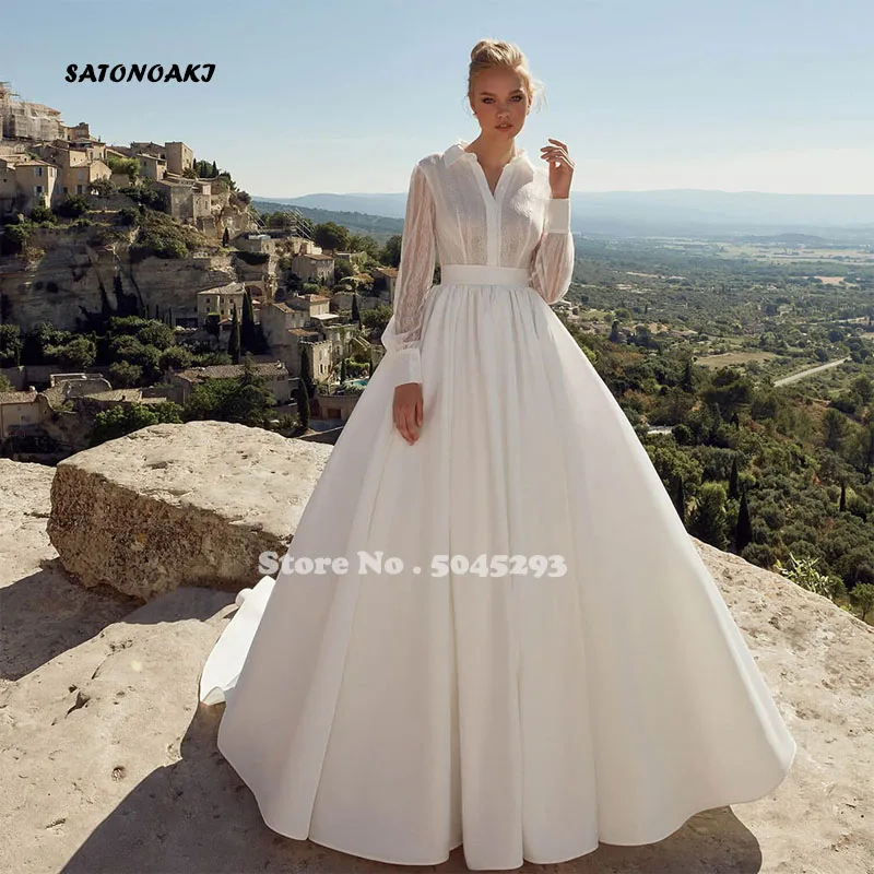 

Elegant Ball Gown Weddding Dresses High Neck Cut-Out Full Sleeves Sexy Lace Floor Length 2021 Simple Bridal Vestido De Novia