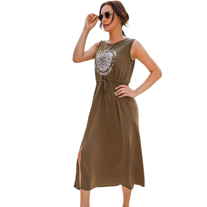 

Vintage Spring Dress Women Olive Long Robe for Female Dresses with String Belt Sun Print Graphic Dress with Side Slit Fashion