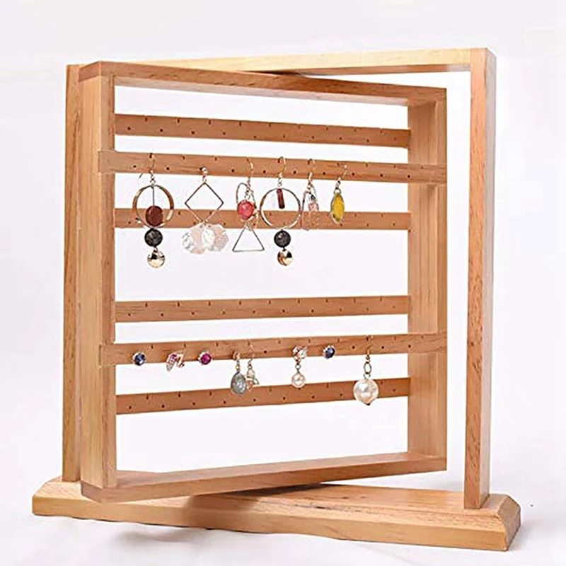 

2 Pcs Earrings & Jewelry Organizer Stand Holder Display Rotating Natural Wood