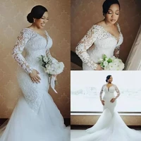 plus size arabic aso ebi lace beaded mermaid wedding gowns sheer neck long sleeves vintage bridal dresses 2022