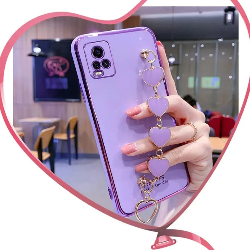 Wrist Bracelet Phone Case For Vivo V20 Case Luxury Love Heart Chain Plating Cover Capa Vivo V20 SE Pro Soft Silicone Shockproof