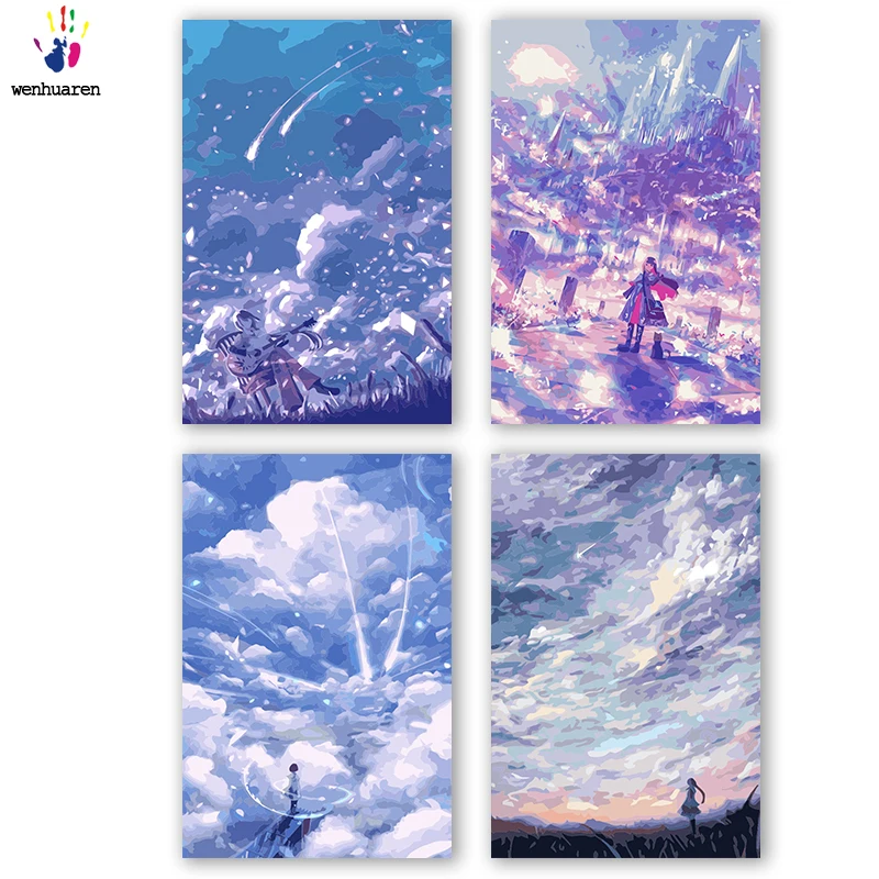 DIY картинки для раскраски по номерам с облачным синим пейзажем иллюстрация