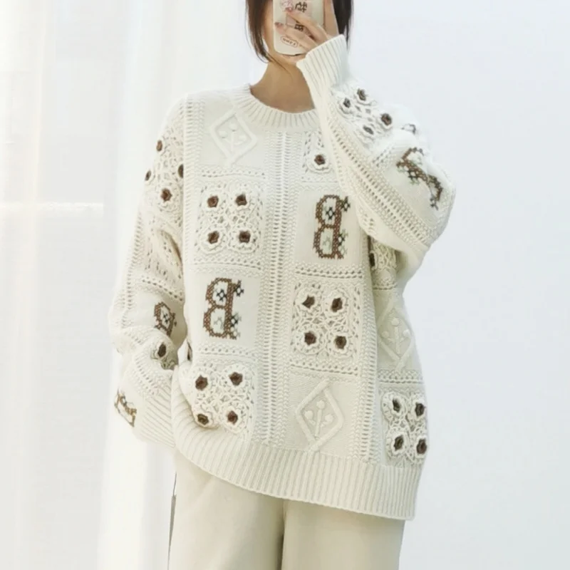 

kang sai ni3Needle Thick Needle Heavy Handmade Embroidered Korean Pure Cashmere Knitted Pullover for Women