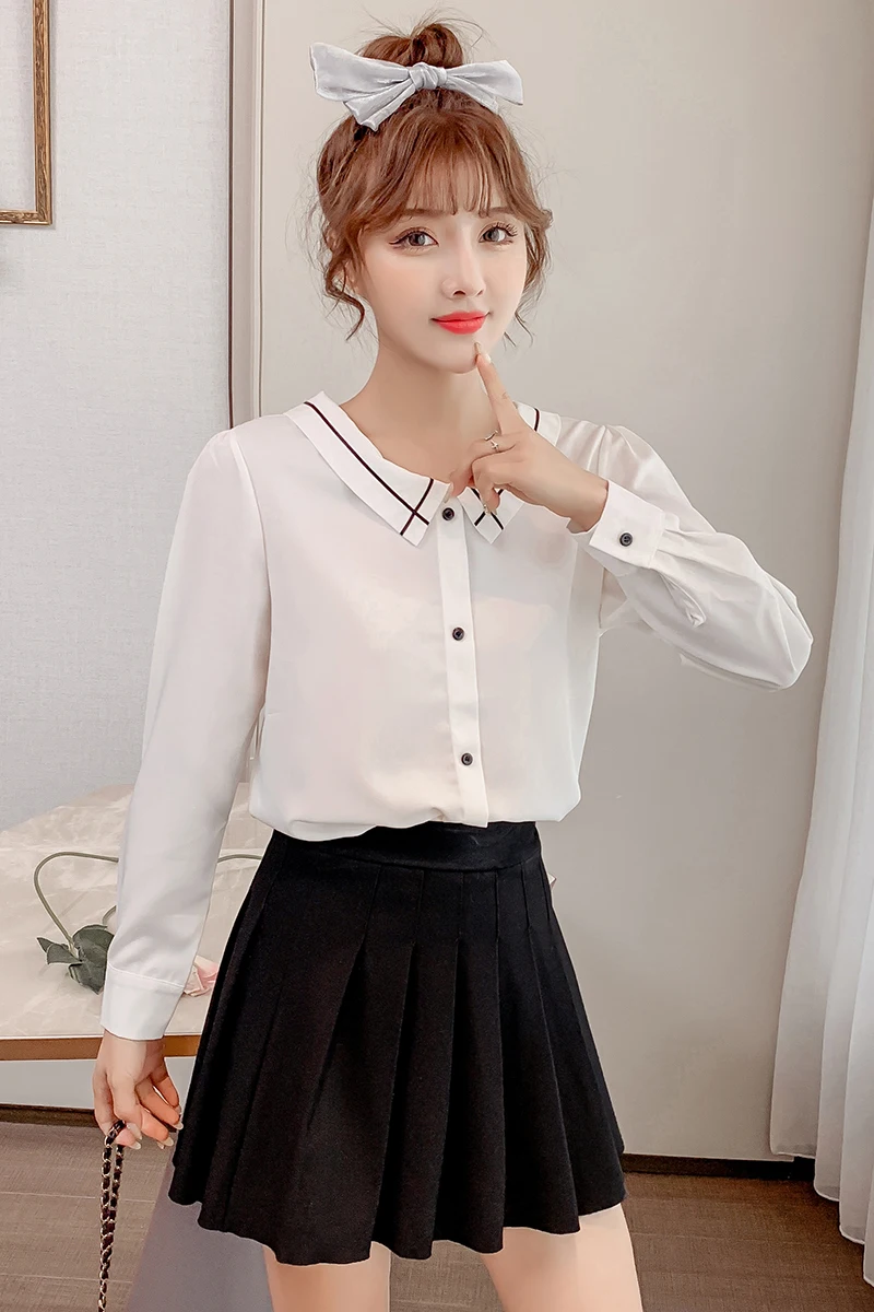 

COIGARSAM Fashion Full Sleeve Shirt Womens tops Spring Chiffon Peter pan Collar Women shirts Blue White 9873