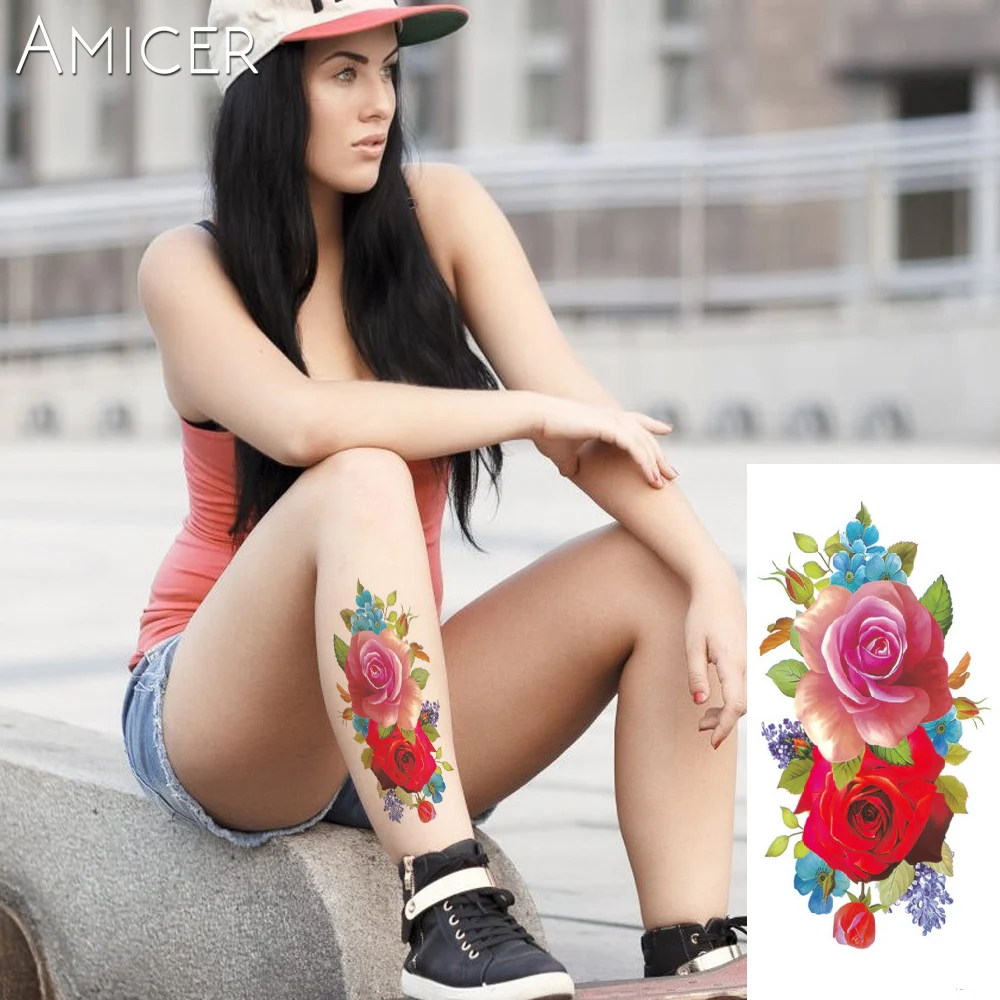 

Indian Henna Arabic Fake Temporary Tattoos Sticker Red Rose Flowers Tattoo Arm Shoulder Tattoo Waterproof Ledy Women Big On Body