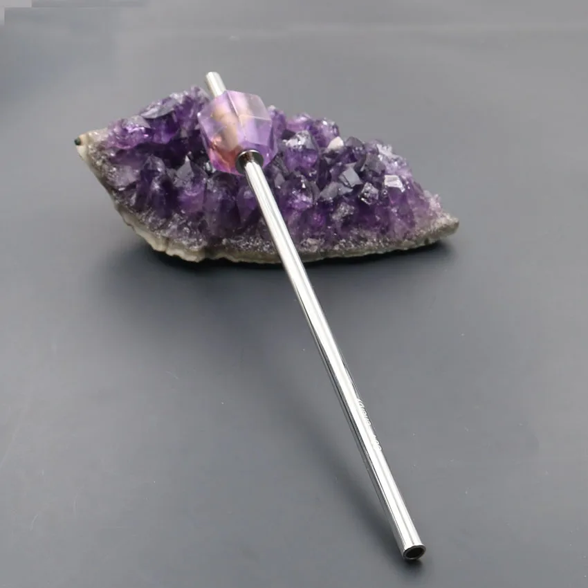 Purple Amethyst XSM Экологичная Питьевая солома, натуральные аметисты, кварцовые кристаллы, многоразовые стальные соломы для напитков, с кисточкой, вечерние ювелирные изделия - Цвет: Purple Amethyst