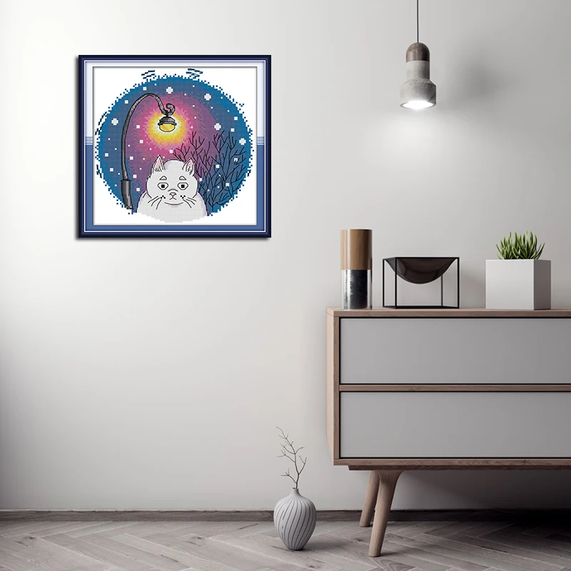 Joy Sunday New Arrival Blue White Cat Animal Pattern Chinese Cross Stitch Printed Canvas Embroidery Needlework Sets Home Decor | Дом и сад