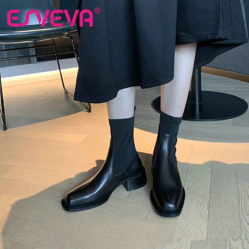 

ESVEVA/2021 г. Ботильоны из коровьей кожи осенне-зимняя женская повседневная обувь на квадратном каблуке с эластичным ремешком Размер 34-39
