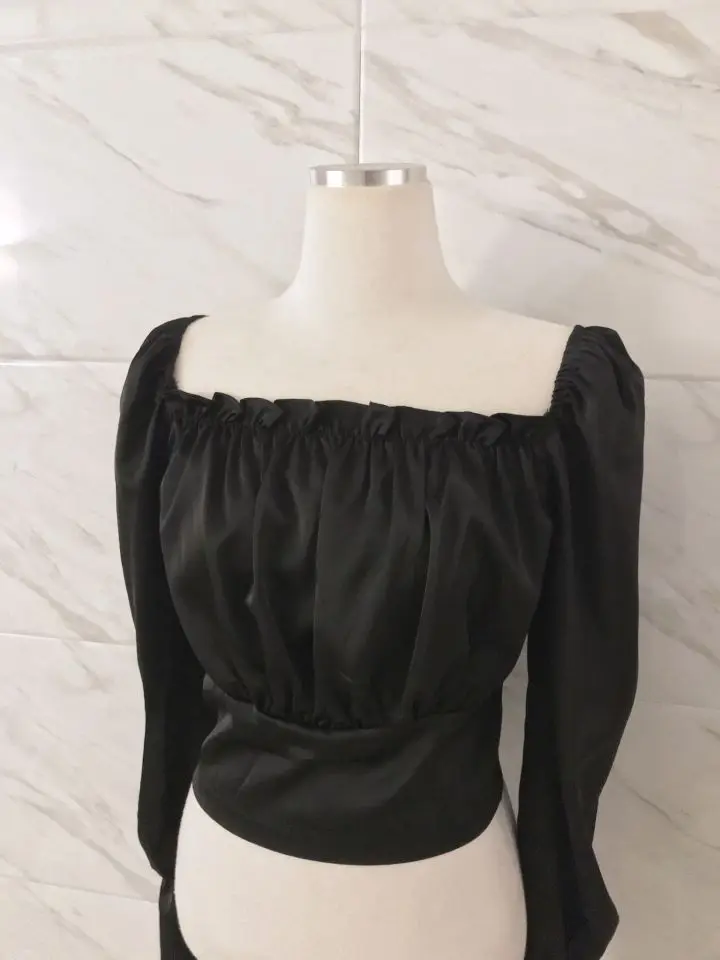 

[SUOOUYA] Women Shirt Square Collar Bandage Drawstring Black White Womens Tops Blouses Vintage Long Sleeve Sexy Spring Blouses