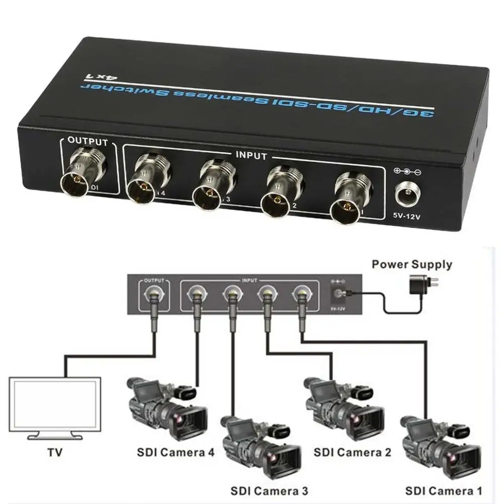 

BNC SDI 4x1 Switch 4 in 1 out 3G HD SD-SDI Seamless Switcher Scaling 1080P Video Converter + Power Adapter SDI Camera to TV