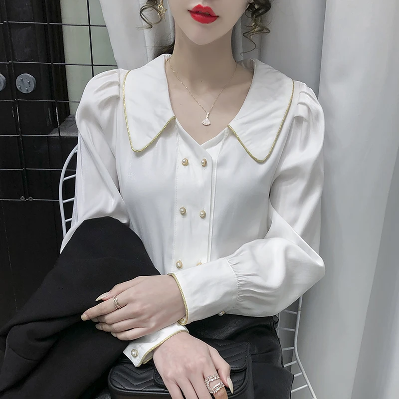 

New 2021 Spring Autumn Women Blouse Shirt Fashion Casual Long Sleeve Peter Pan Collar Office Lady Shirt Elegant White Shirt