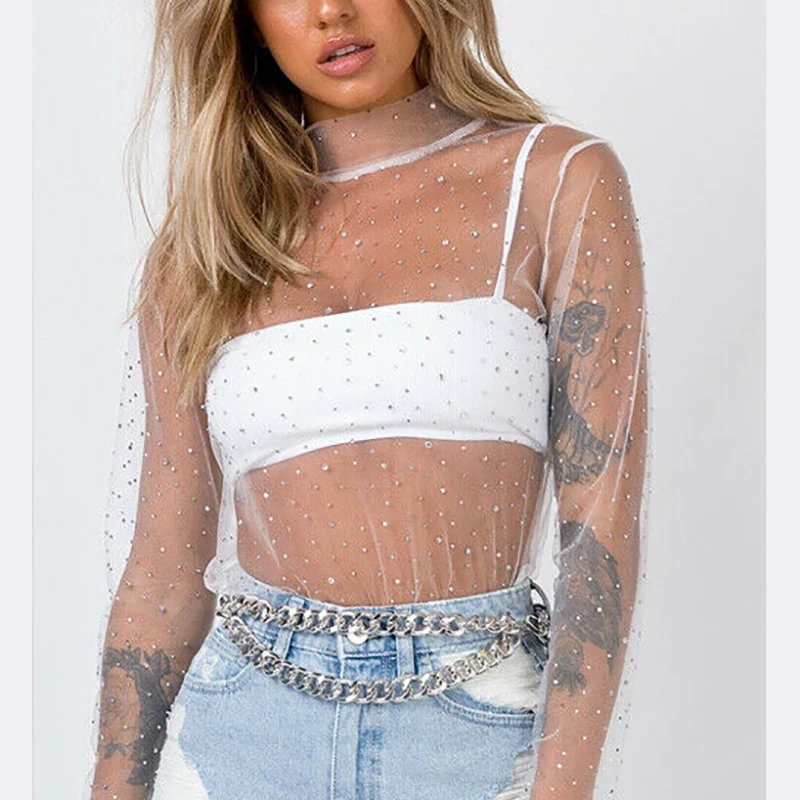 roupas feminina Women Mesh Top Sexy Sheer T Shirt Transparent Tops Turtleneck See Through Clothes Summer Female Costume New 2019 | Женская