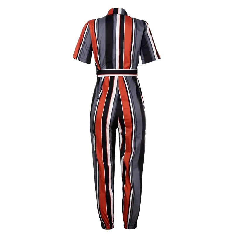 

2021 new ladies fashion summer 5-color casual trousers street loose type mid-waist elastic lapel printed belt overalls S-2XL