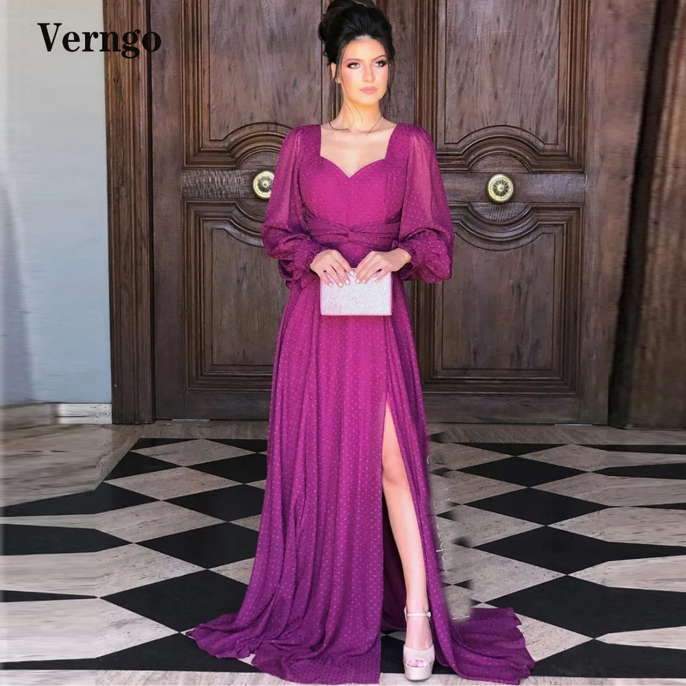 

Verngo Elegant Purple Dotted Tulle Evening Dresses Puff Long Sleeves Square Neck Bow Slit Modest Prom Gowns Women Formal Dress