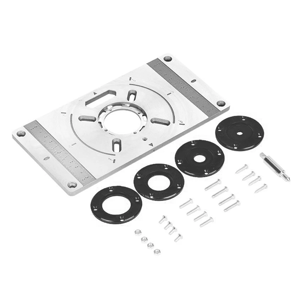 

Aluminum Alloy Router Table Insert Plate Trimming Machine Engraving Tool Flip Board with 4 Rings for Woodworking