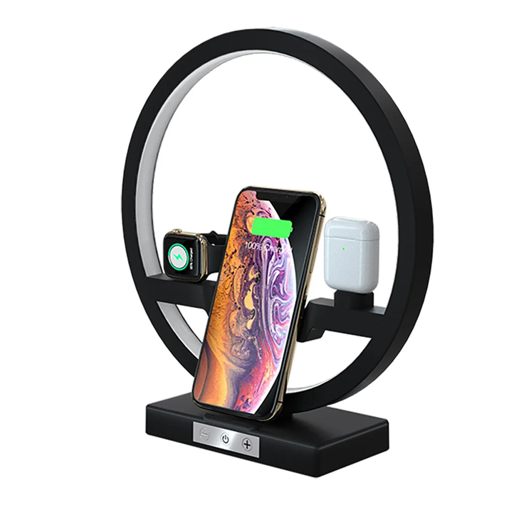 

3 In 1 NEW Wireless Charger 10W Table Desk Lamp Fast Wireless Charger Round Ring Light For IPhone XS Max 11 For Apple Watch 2 3