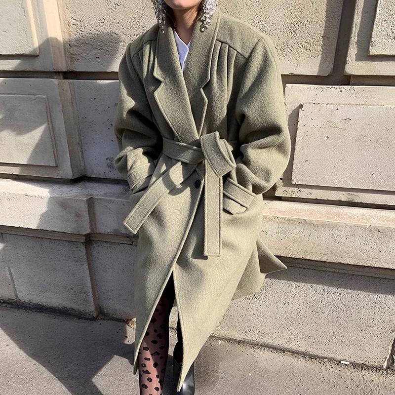 

FAKUNTN Double Breasted Korea Chic Notched Loose Woolen Coat Women Overcoat Spring 2021 Autumn High-quality Light Green