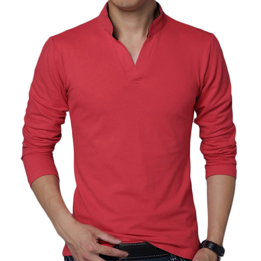 Однотонная мужская повседневная футболка с воротником-стойкой v-образным