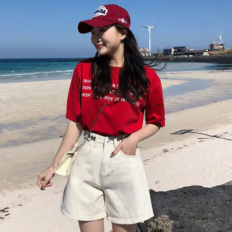 

Casual Women's Denim Shorts High Waist Jean Female Wide Leg Adjustable Waist Five Point Loose Pants y2k ins Streetwear Summer