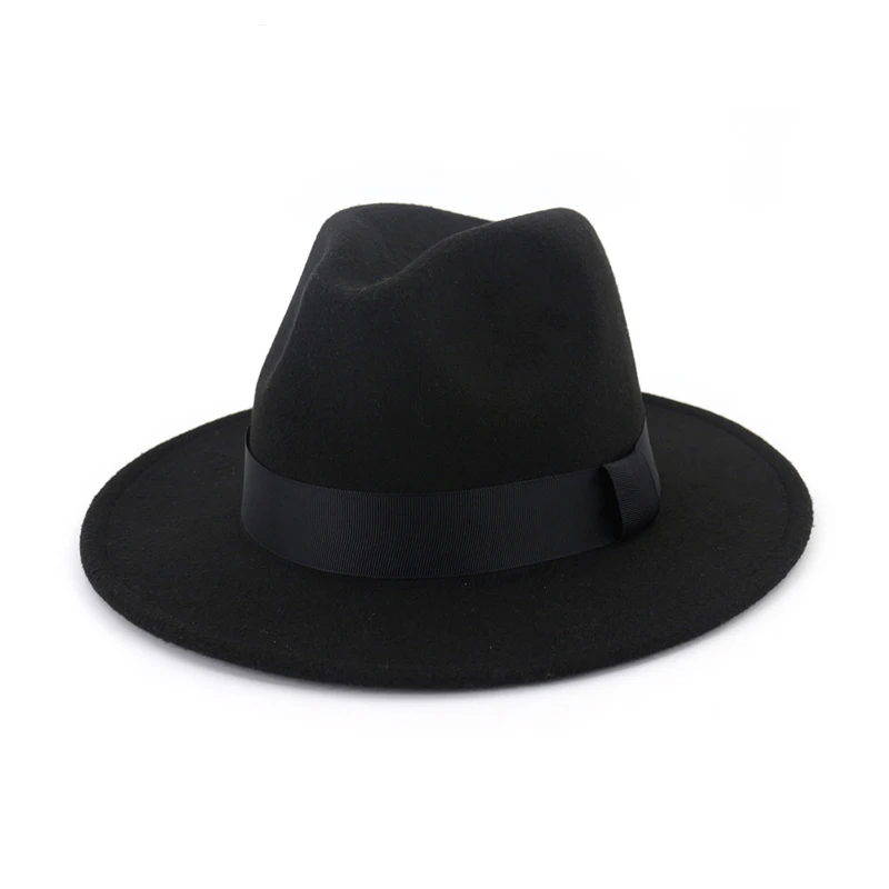 

Unisex Wool Felt Wide Brim Jazz Fedora Hat with Black Ribbon Autumn Winter Panama Formal Hat Gambler Trilby Chapeau 12 Colors