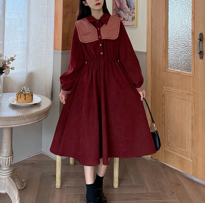 

Vintage Dress Women Turn Down Collar A-line Long Sleeve Shawl Design Patchwork Dress Sweet Girls Party Club Clothes