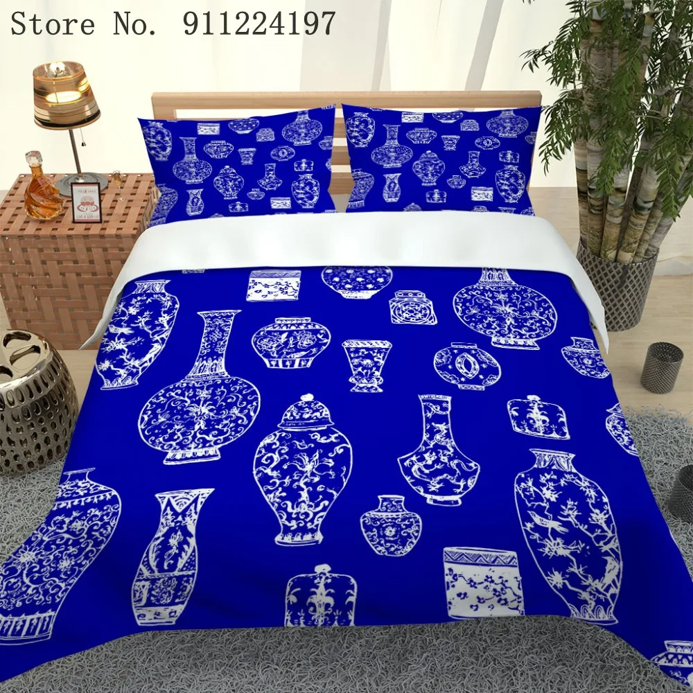 

Porcelain Bedding Set For Adult Duvet Cover 2/3PCS Blue Color Quilt Cover Flower Vase Bedclothes Microfiber Bed Linen Set