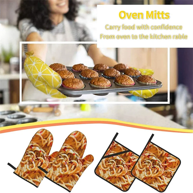 

Oven glove and pot holder set heat-resistant 4-piece set, kitchen utensils non-slip insulating gloves for baking and cooking
