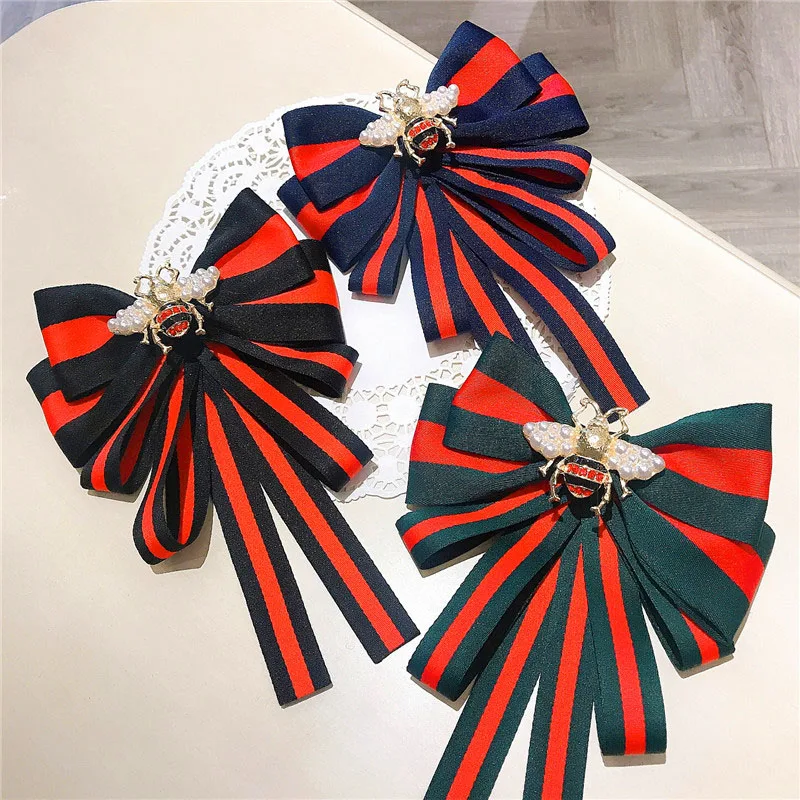 

Big Fabric Bow Tie Brooches for Girl Women Fashion Stripe Cloth Shirt Corsage Neck Tie Korean Vintage Wedding Party Accessories