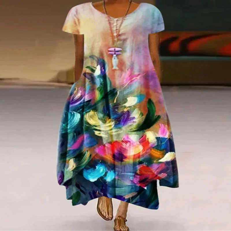 

Boho Floral Long Dress 4XL 5XL Plus Size Women Summer Short Sleeve Loose Pockets Dress Irregular Hem Dress Lady Casual Vestidos