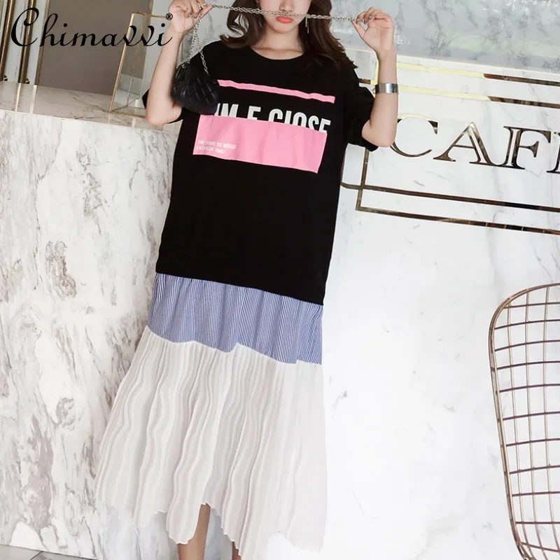 

Летнее платье с короткими рукавами платье для женщин в Корейском стиле Стиль шить платье из гофрированного шифона платье леди Свободные по...