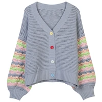2021 autumn new womens v neck long sleeve contrast stripe hollowed out loose knit thick warm cardigan top