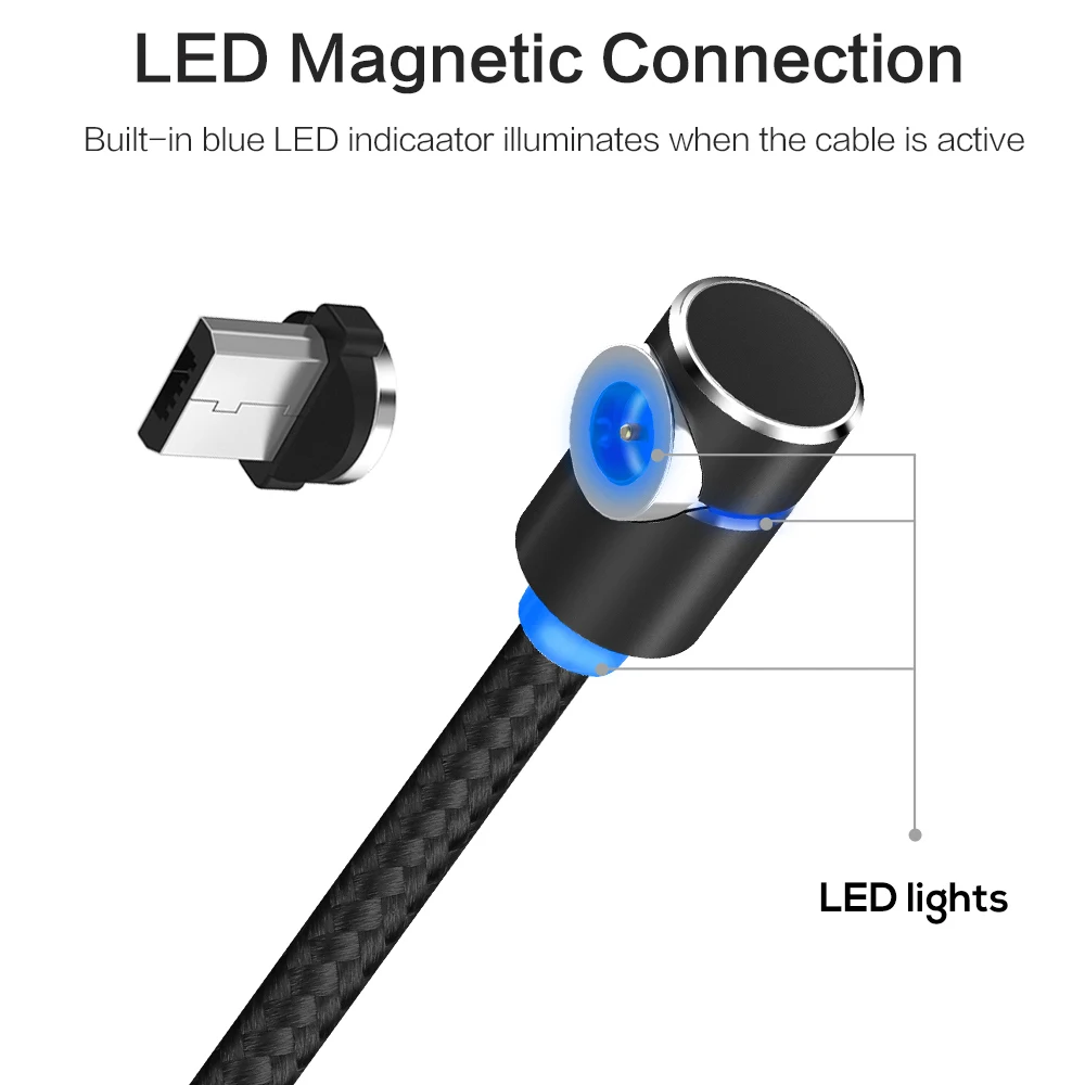 STONEGO светодиодный магнитный Micro USB кабель 90 градусов L Форма Магнит USB зарядное устройство кабель для Micro USB порт и разъемы 1 м 2 м 3 м